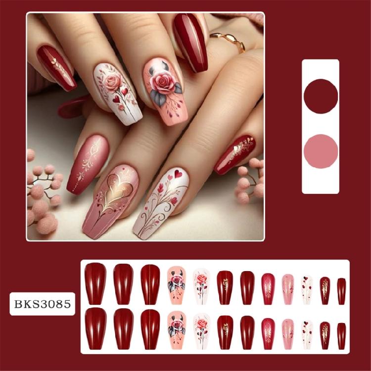 24 Stück Valentinstag Aufklebe-Nagellack Glänzend Vollabdeckung Falsche Nägel Mittlere Länge Press-On-Nägel Maniküre Zubehör