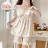 "Women's Summer Pajama Set with Chest Pads: Wrinkle-Resistant, Short Sleeves, Korean-Style, Sweet & Cute"