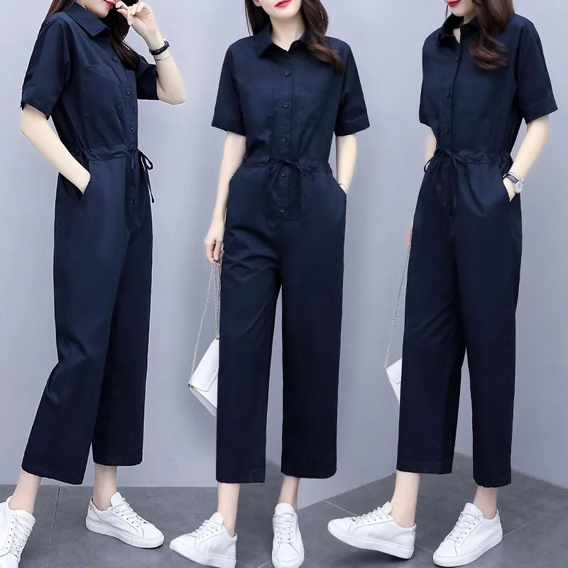 

Summer Rompers Ice Silk Korean High-Waist Short-Sleeved Jumpsuit with Waist Fashion Casual Suit Jumpsuit Streetwear Lady XS темно-синий