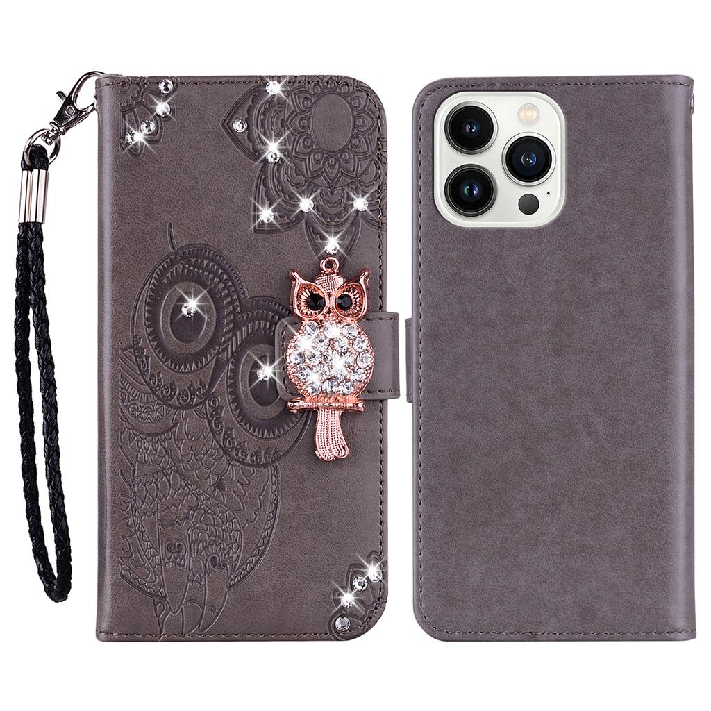 For iPhone 16 Pro Wallet Case Owl Flower Imprinted Rhinestone Leather Cover