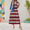 Women Plus Size V Neck Long Sleeve Colorful Printed A Line Midi Dress With Pockets