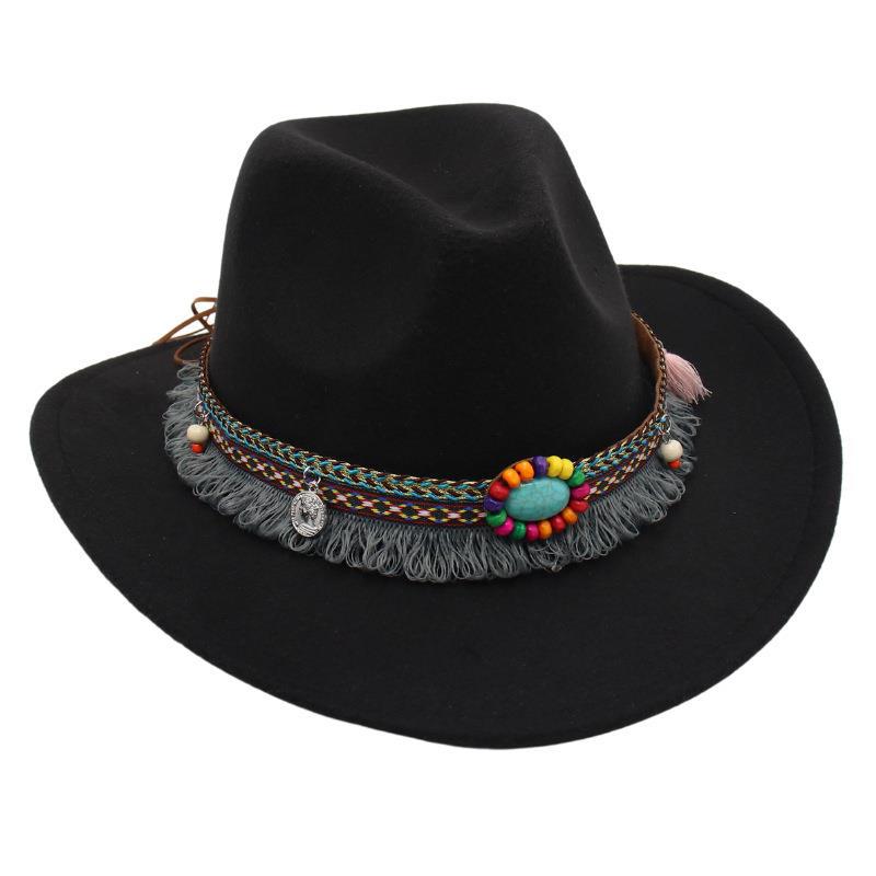 Ethnic Bowler Hat Tassel Western Cowboy Hat Jazz Hat Turquoise Felt Hat Outdoor Literary Sun Hat