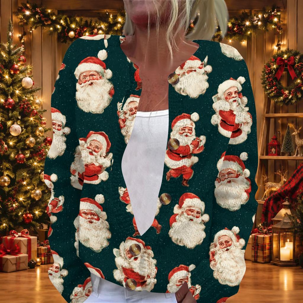 Women's Christmas Print Long Sleeve Knit Cardigan with Button Front