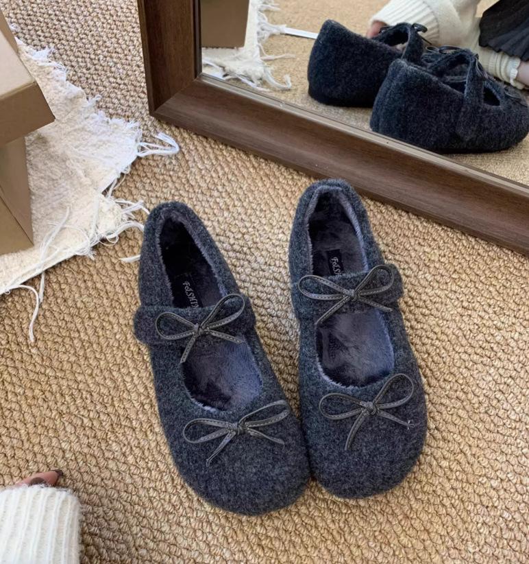 Gentle Wind White Bow Fluffy Shoes Winter Wear Mary Jane One Pedal Lazy Velvet Warm Soft-soled Cotton Shoes