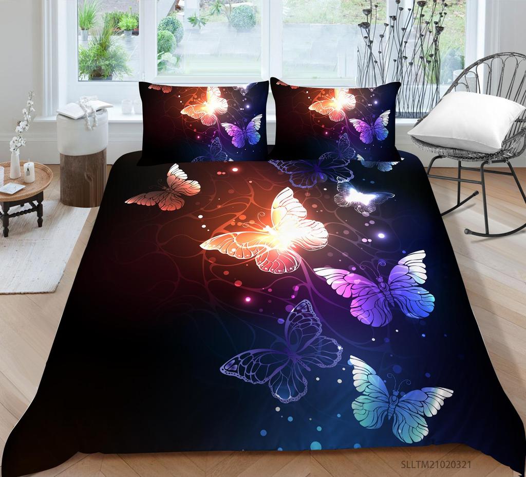 Butterfly Printed Bedding Quilt Cover and Pillowcase Full-size Color Fantasy Pattern Microfiber Fabric Comfortable and Luxurious Home Decoration