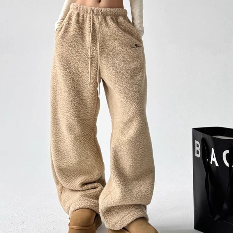 Simple Women's Thickened Pants Elastic Waist Polar Fleece Drawstring Straight Bottom Wide Leg Female Trousers Autumn Winter