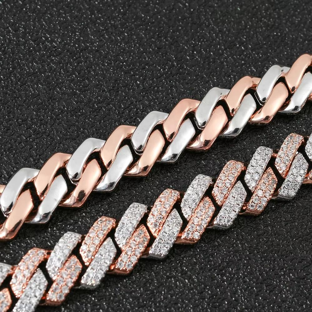 Hot Selling Hip Hop Jewelry 14mm Bling CZ Iced Out Rose Gold and Rhodium Plated Two Tone Prong Cuban Link Bracelet
