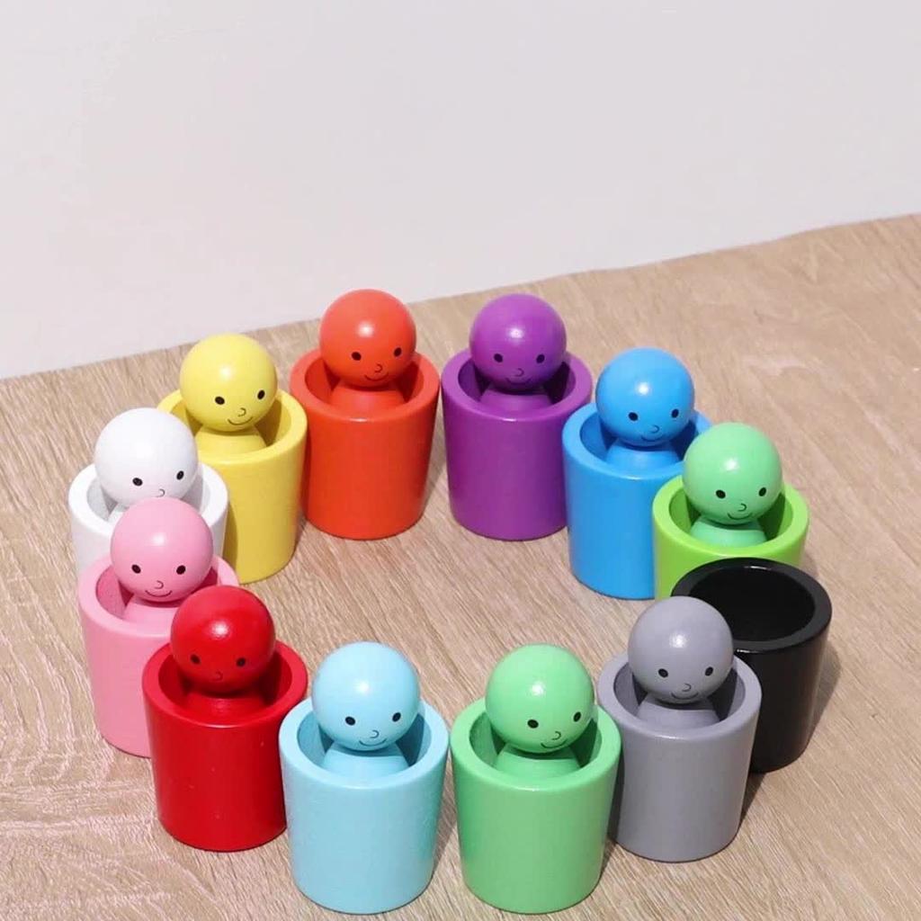 A 24pcs Wooden Sorting Cup Set in a Colorful Box, Featuring Cute Wooden Figurines for Educational Play. Enhances Observation and Hands-on Skills