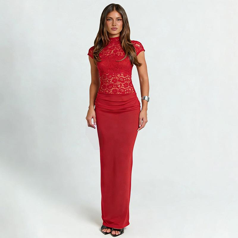 Autumn/Winter Women's Sexy Slim Lace High Neck Back Slit Dress