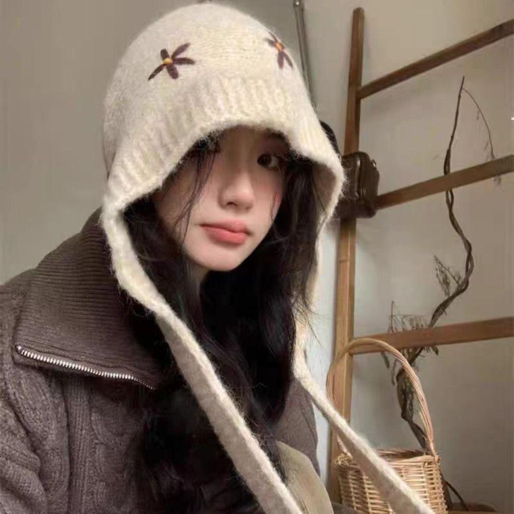 Sweet Knitted Balaclava Hat Embroidered Flowers Pullover Cap Casual Neck Collar Beanies Cap Girls