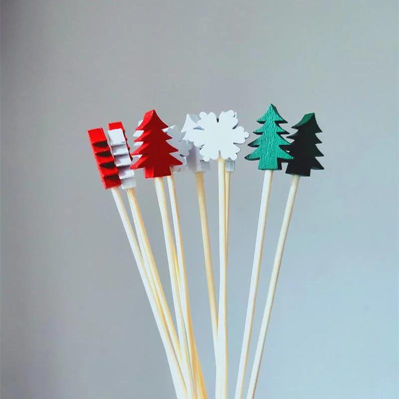 100Pcs Christmas Disposable Bamboo Skewers Food Picks Fruit Fork Party Cake Dessert Salad Sticks Toothpick Skewer