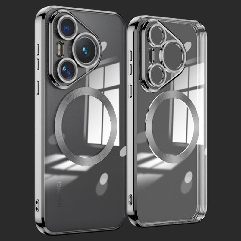 

For Huawei Pura 70 Pro Clear Case Electroplating TPU Phone Cover Built-In Glass Lens Film Black