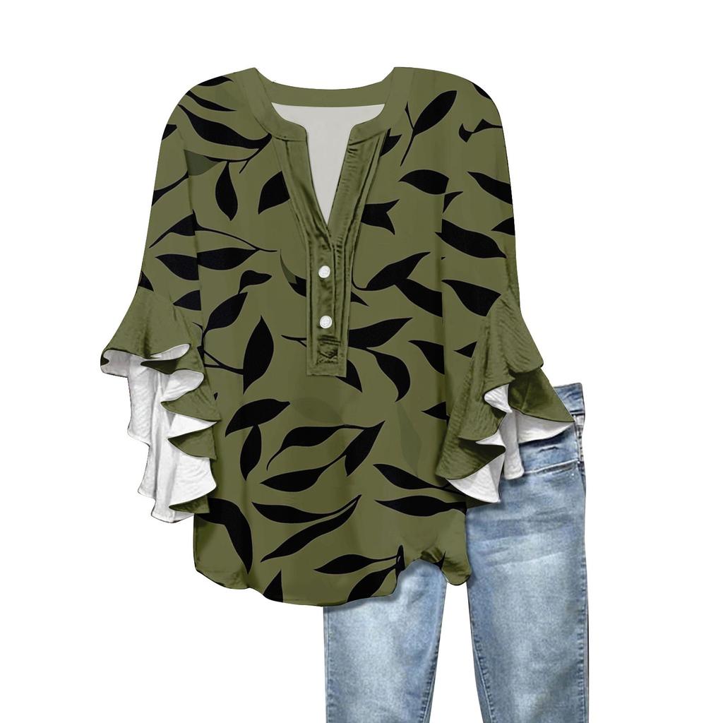 Women's Summer Tops V Neck Three-quarter Sleeves Floral Print Flowing Ruffle Sleeves Half-button Shirt