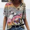 2025 Summer Women's T-Shirt Vintage Butterfly Printcasual Fashion V Neck Pullover Short Sleeve Loose Daily Tops Design Clothing