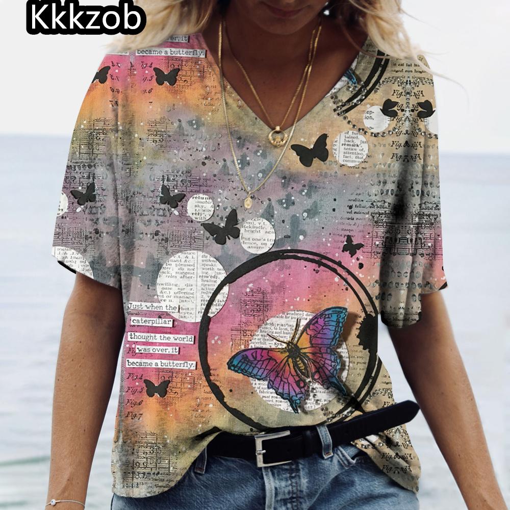 2025 Summer Women's T-Shirt Vintage Butterfly Printcasual Fashion V Neck Pullover Short Sleeve Loose Daily Tops Design Clothing