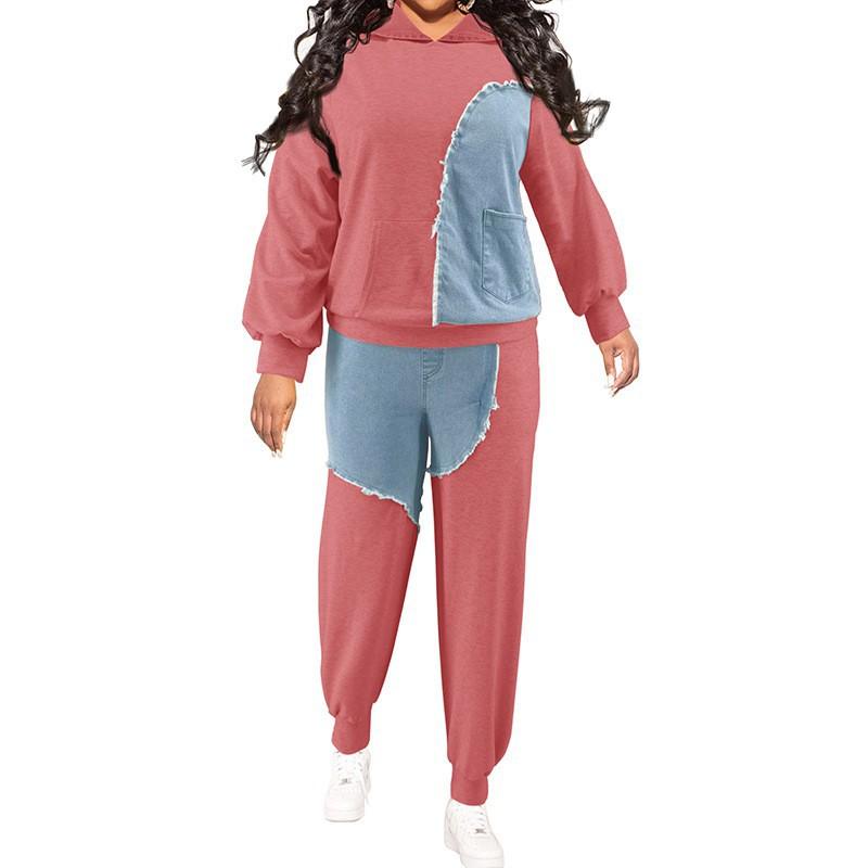 Plus Size Women Winter Denim Set Oversized Long Sleeve Top Wide Leg Pants Streetwear Casual Outfit Brick Red Orange Light Gray Blue 1XL-5XL