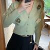 New Spring and Autumn Small Fresh Design Neck Knitted Women's Cardigan Short Green Flower Sweater Top