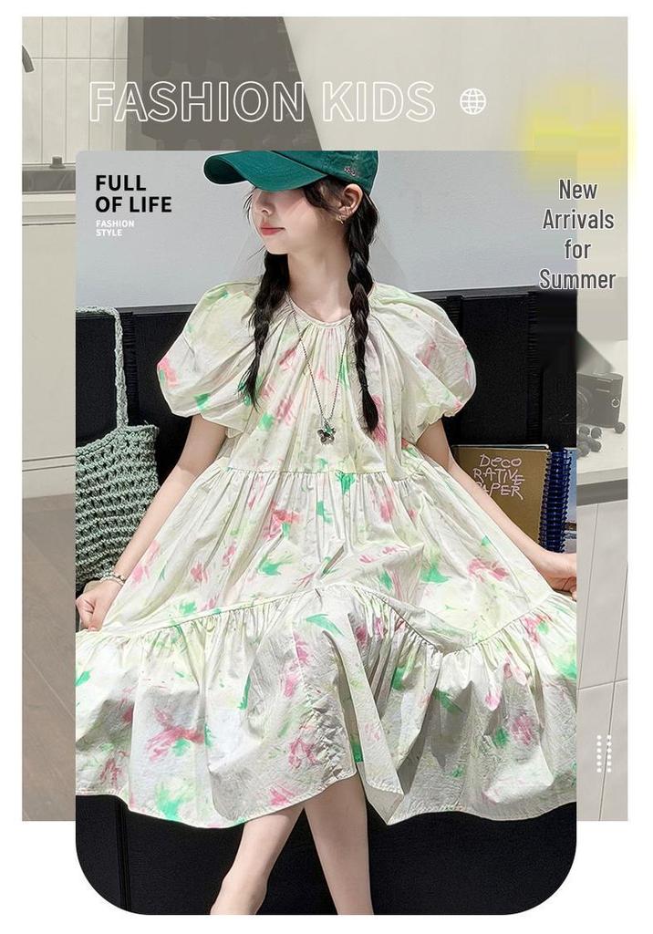 Girls' Stylish Puff Sleeve Floral Summer Dress - Princess Beach Holiday Style