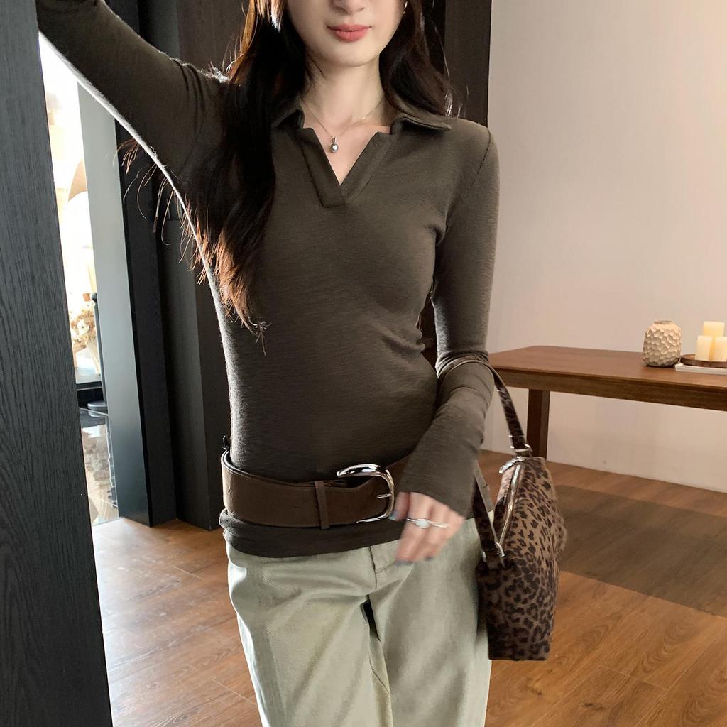 Elegant Korean Style Grey Slim Fit Lapel T-shirt: Women's Autumn/Winter Long Sleeve Base Layer Top