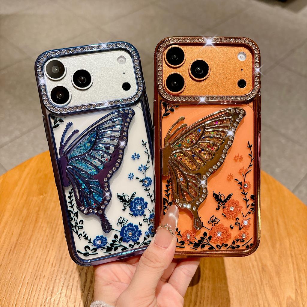 Glitter Diamond Flower Butterfly Case for For Iphone 16 1 14 13 17 Pro Max Air Plus 12 Plating Bling Rhinestone Phone Cover
