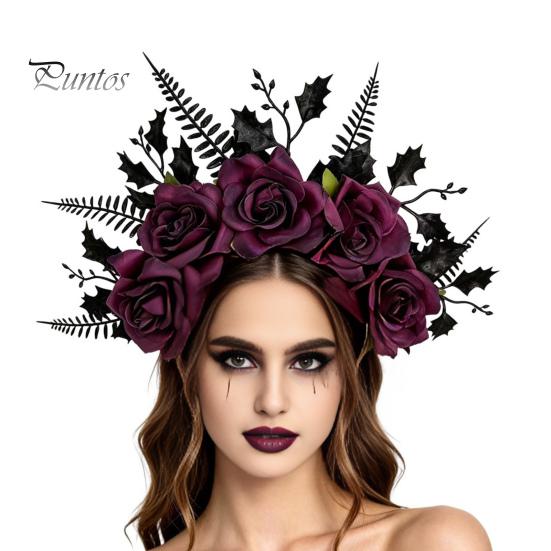 Fascia Nera con Testa di Rosa per Halloween, Fascia, Ghirlanda di Fiori e Foglie Cerchietti per Capelli Fasce, Accessori Gotici Donna Copricapo Fascia per Capelli Cosplay Festa Vestito