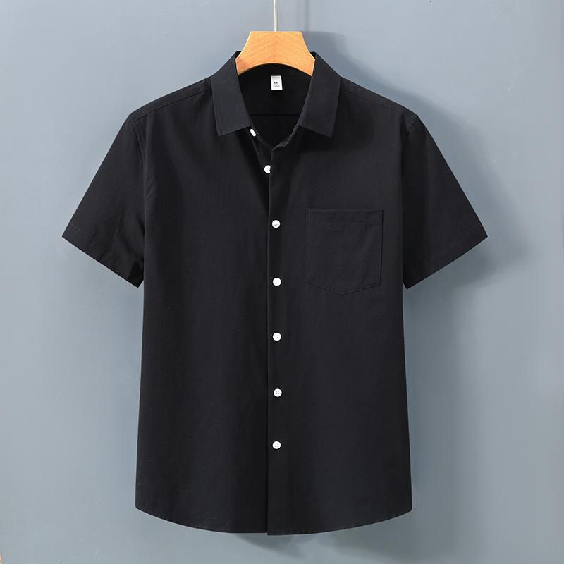 Korean Mens Short Sleeve Shirt Daily Summer Tops Pocket Solid Color Turn-down Collar 100Cotton Casual Shirts Simple Style Clothing
