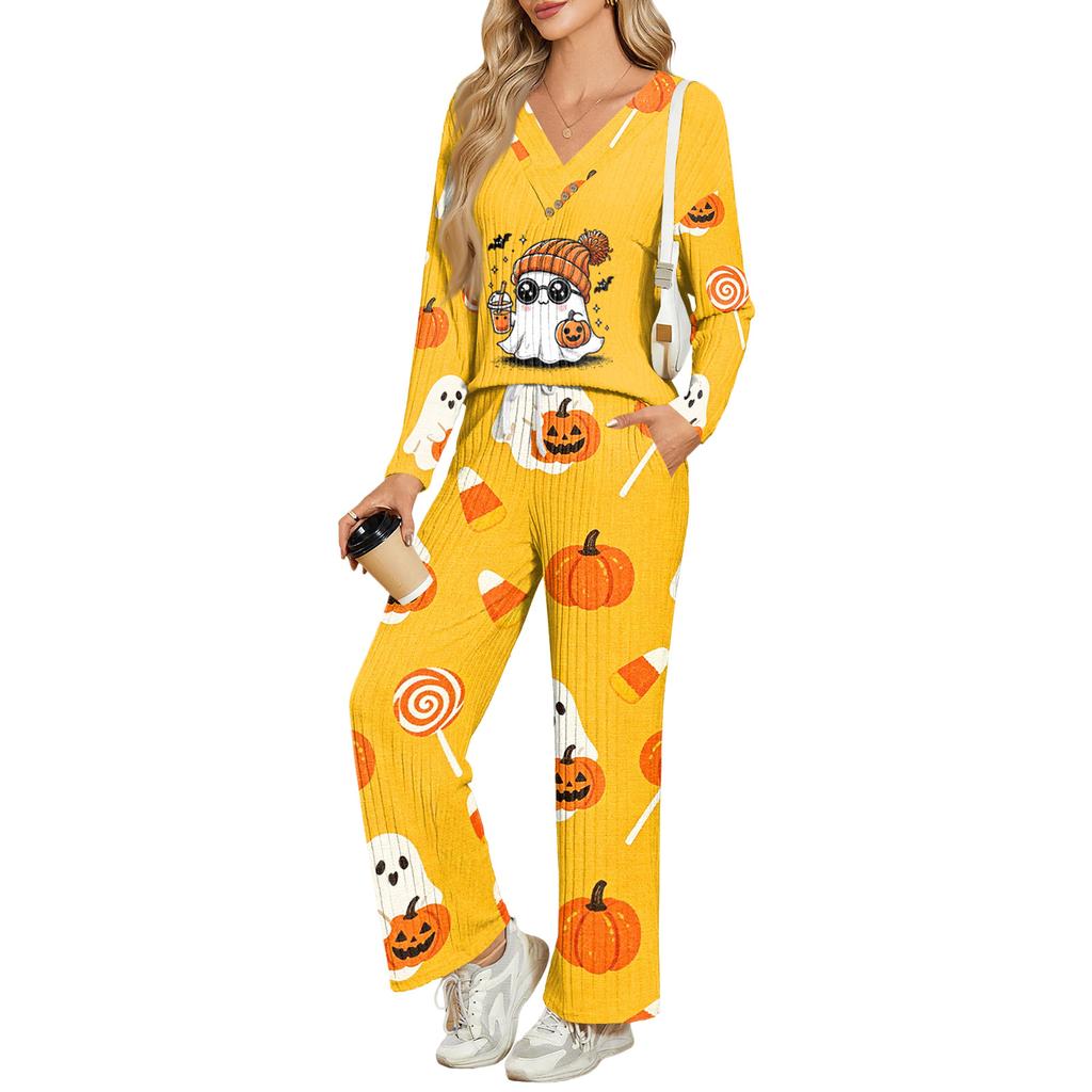 Women's Halloween Print V-Neck Long Sleeve Pajama Set with Pockets Loose Fit Sleepwear Set