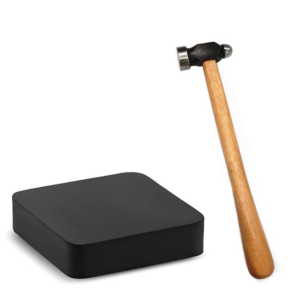3Pieces Jewelry Making Tool Set Silicone Mat Wooden Base Iron Hammer Head Professional Stamping Hammer for Repairing
