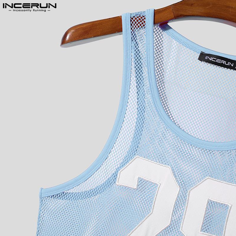 INCERUN Men Sleeveless Letter Print Mesh Bodysuits See Through Fitted Briefs Jumpsuits