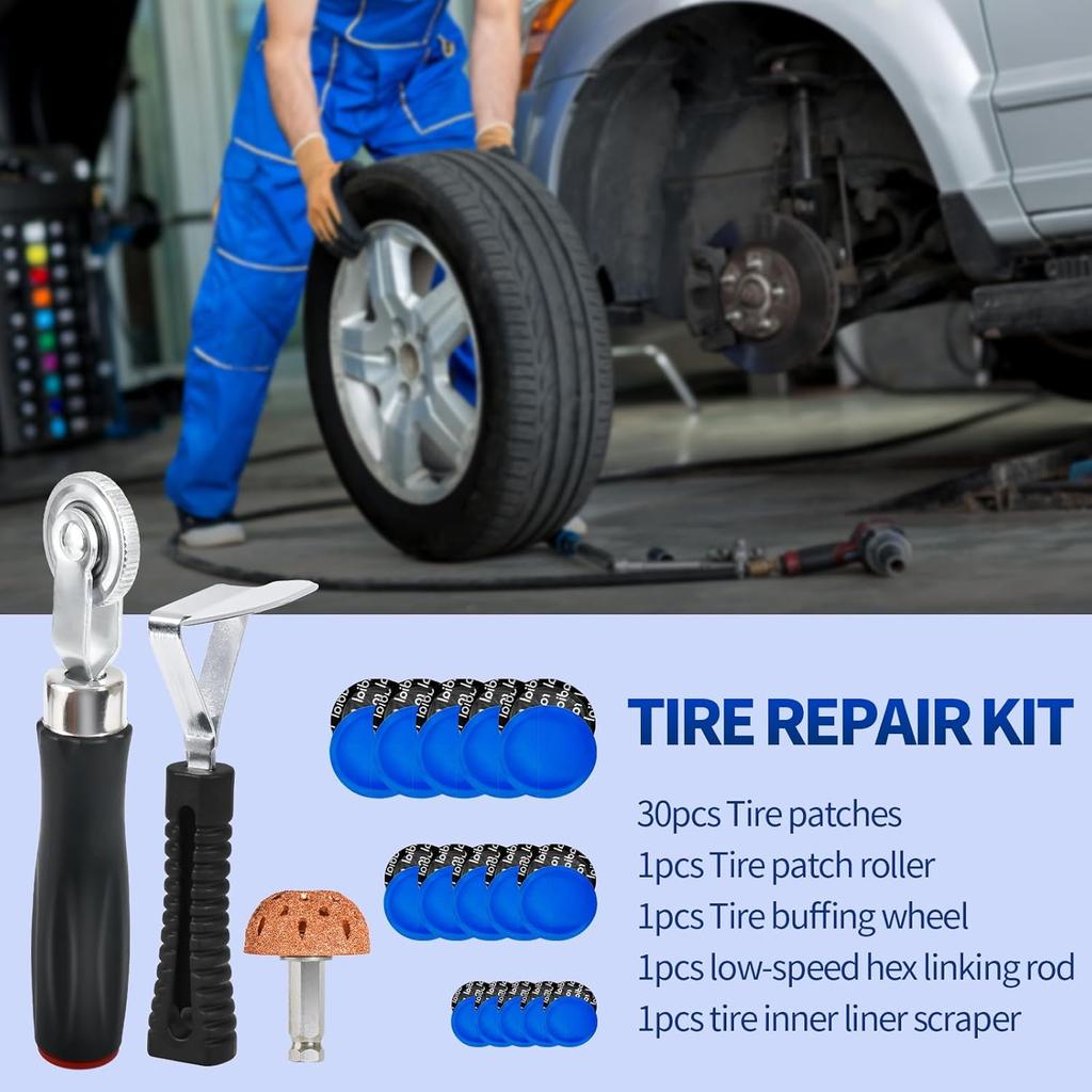 33PCS Tire Repair Patch Tools Tire Patch Kit, 30PCS Tire Patches(32Mm/ 42Mm/ 58Mm With Tire Patch Roller, Tire Repair Buffing Wheel, Tire Inner Liner