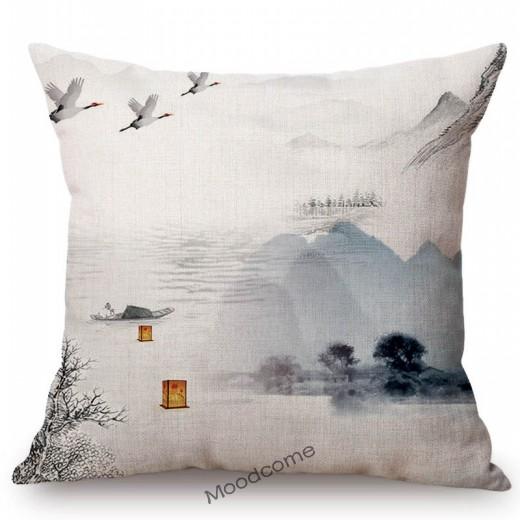 Traditional Chinese Ink Oil Painting Mountain Scenery Cotton Linen Sofa Throw Pillow Case Home Decoration Car Cushion Cover Case