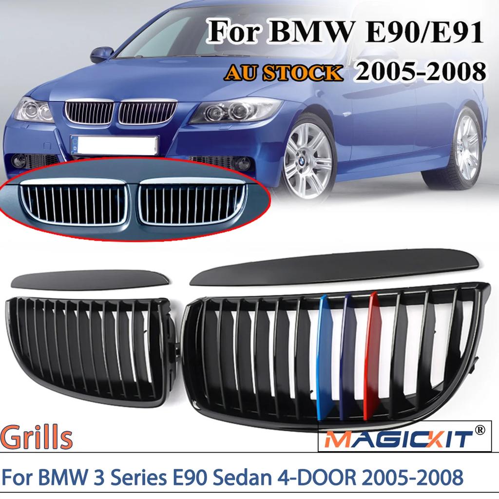 BBJH7 MAGICKIT Kidney Grill Gloss Black with M-Color Fins Glossy Black ABS For BMW 3 Series E90 Sedan 4-DOOR 2005-2008 CAR Accessories