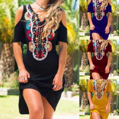 Fashion Dress Printing Loose Fit V Neck Off Shoulder Ladies Dress for Daily Life
