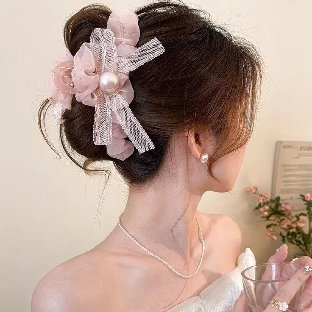 Mesh Bow Women Hair Clip Round Bead Shark Clip 2026 Hair Claws  Hair Accessory розовый