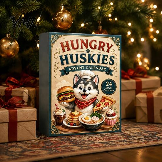 Dog Lover Christmas Gifts Husky Advent Calendar with 24 Foodie Acrylic Ornaments, 2D Flat Tree Decoration, Cute Themed Countdown Box for Home