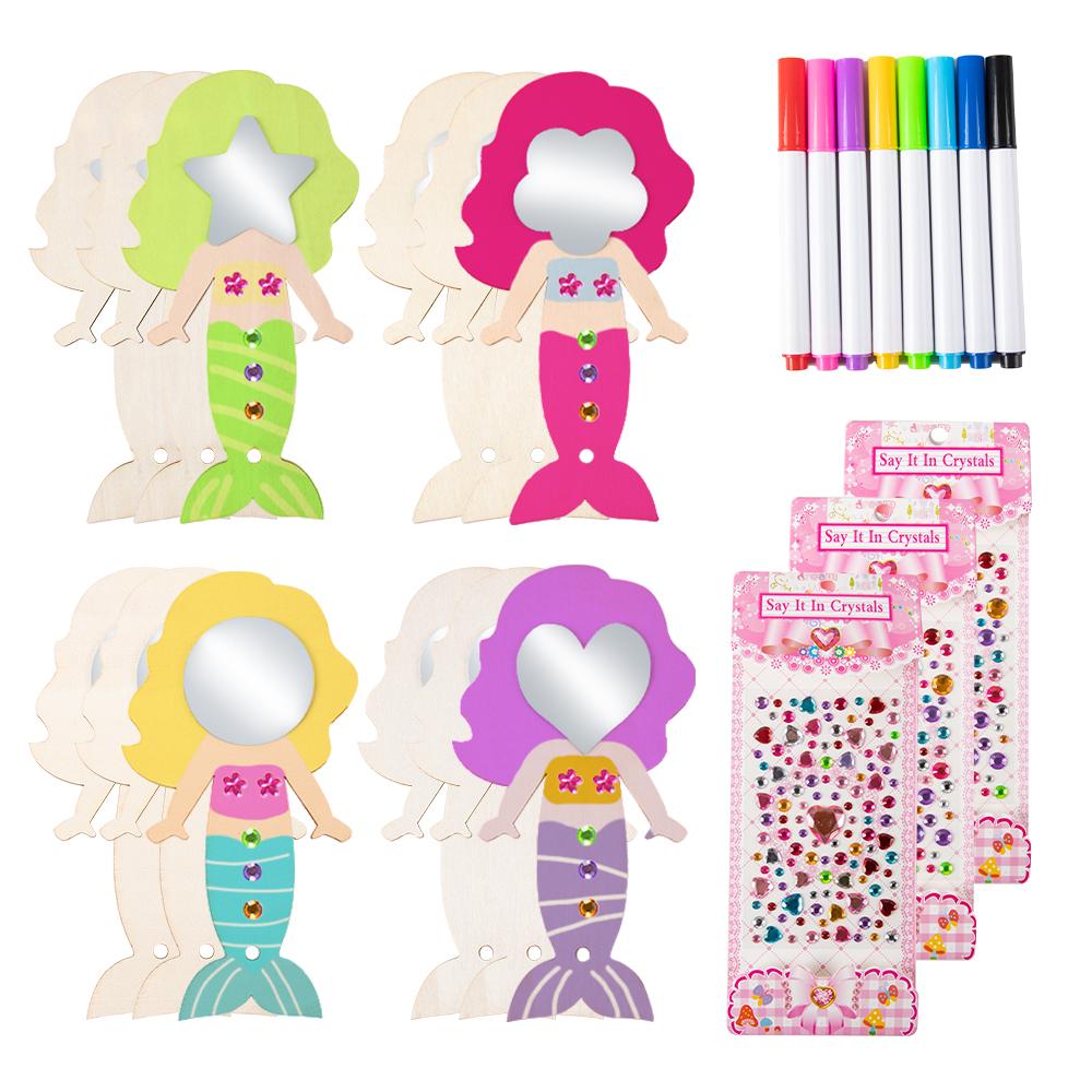 1set DIY Unfinished Wooden Princess Mirror Crafts Mermaid Unicorn Butterfly Shaped Blank Mini Handheld Mirror Kids Makeup Toy