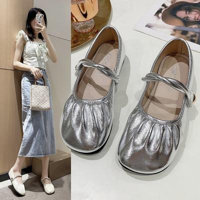 Silver Mary Jane Shoes Summer Temperament Fairy Granny Shoes Flat Bottom Fashionable and Comfortable