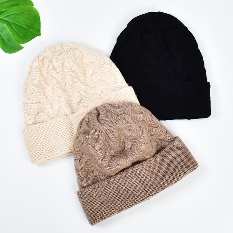 Custom Wool Cashmere Winter Beanie Hat Women Warm Wool Knitted Cuff Beanie Caps With Custom Logo Patch