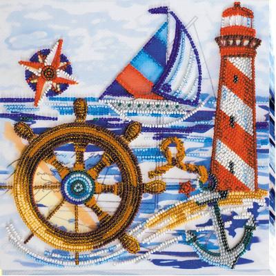 Midi-Set zum Sticken mit Perlen auf natürlicher Kunstleinwand Abris Art Marine-Thema