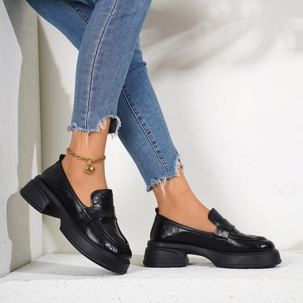 Fashion Black Leather Shoes Women's Shoes High Heels Versatile British Style New Spring and Autumn French College Style Women's Shoes