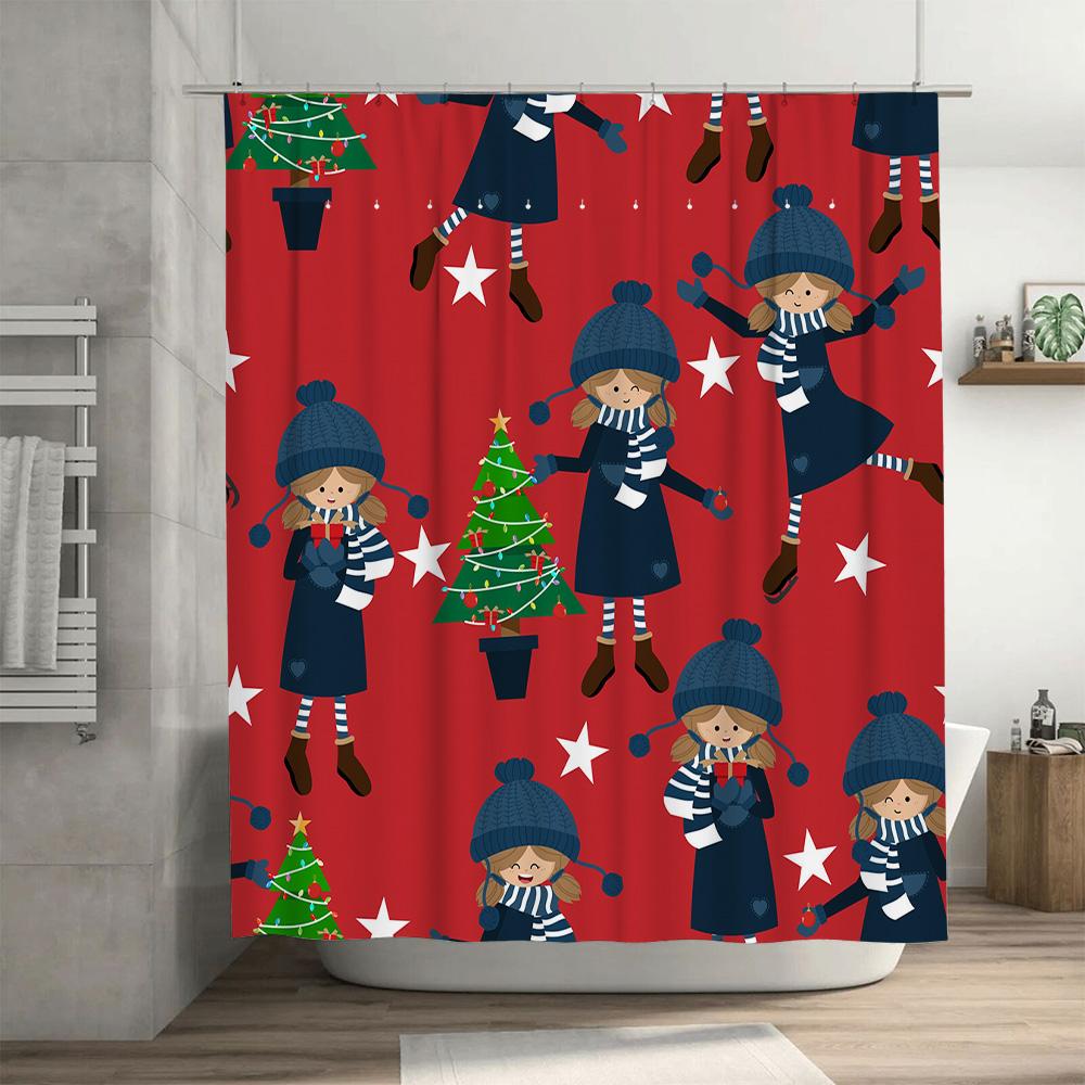 Winter Christmas-themed shower curtain with cartoon girl design for bathroom decor