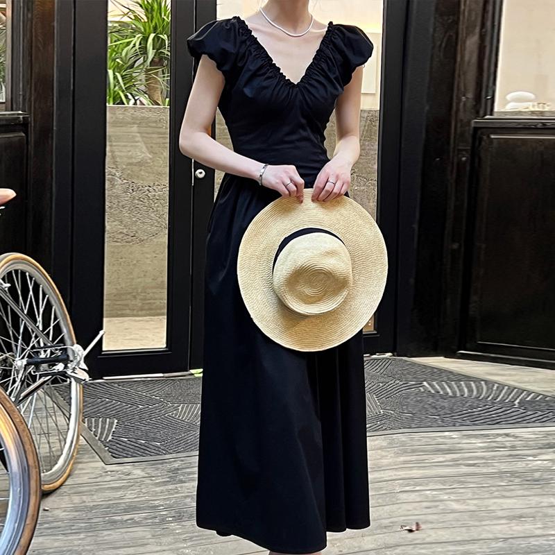 Johnature Summer French Waist Open Back V-Neck Dresses Women Simple Casual Sleeveless Pleated Long Dress