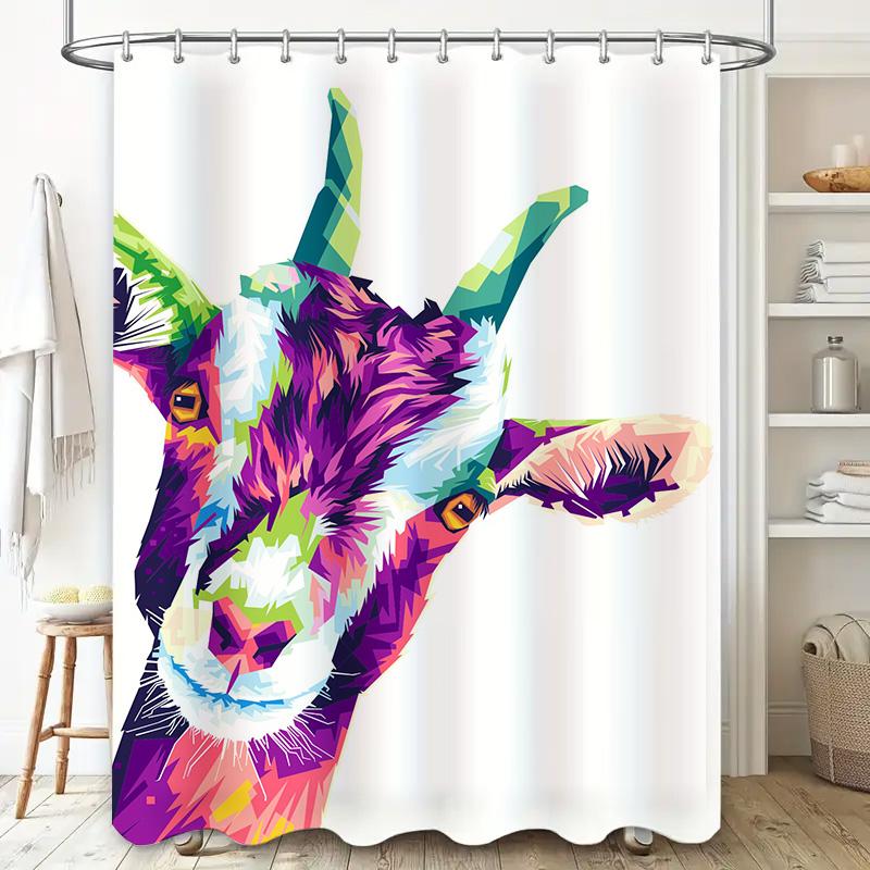 Vibrant Goat Shower Curtain Pop Art Wall Hanging Bathroom Decor Modern Rainbow Animal Print Linen Waterproof Shower Cover