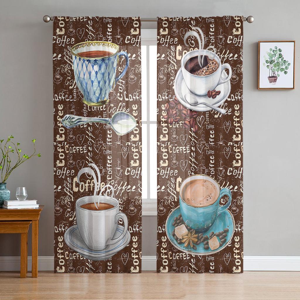 Sketch Coffee Set Tulle Curtains For Living Room Sheer Curtain Bedroom Veil Organza Decorative Window Treatments