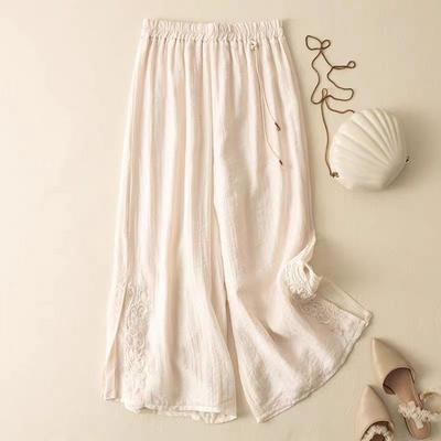 Women's Retro Nine-point National Style Embroidered Wide-leg Pants Summer Literary Casual Loose