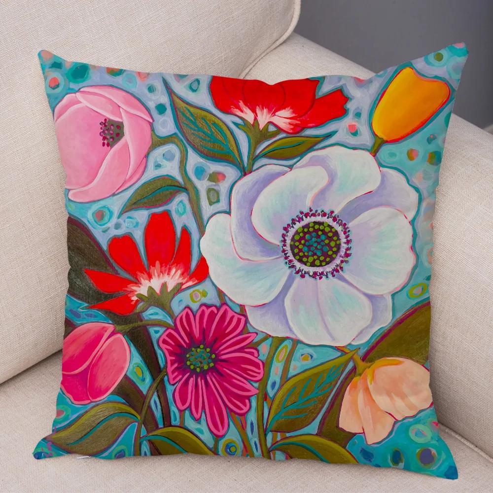 Nordic Watercolor Flower Pillowcase Soft Plush Decor Cartoon Floral Plant Cushion Cover for Sofa Home Children Room Pillow Case