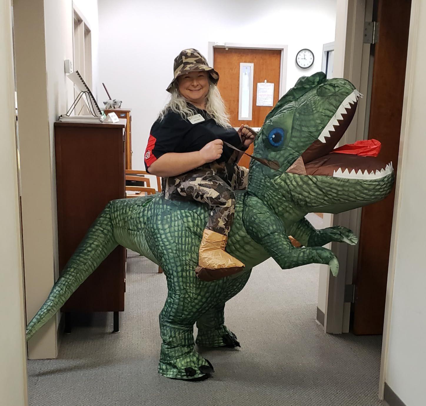 Забавный надувной костюм Тираннозавра Рекса с большой головой, для взрослых 150-190cm зелёный