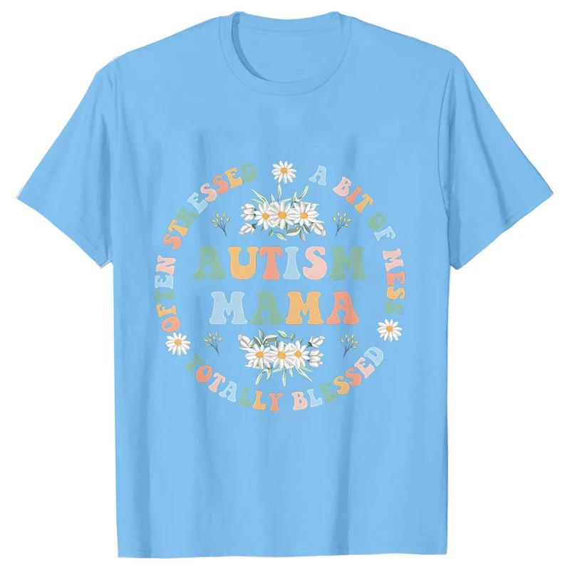 Women's Fashion T-shirt Autism Mama Printed Tshirts Fashion Casual Short-sleeved Tee Shirt Autism Awareness T Shirts for Women