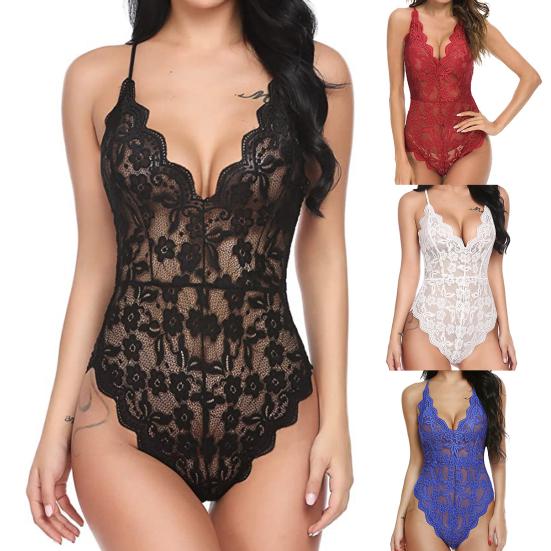 Deep V Neck Sling Bodysuit Underwear One Piece Sexy See Through Lace Pajama for Sleeping