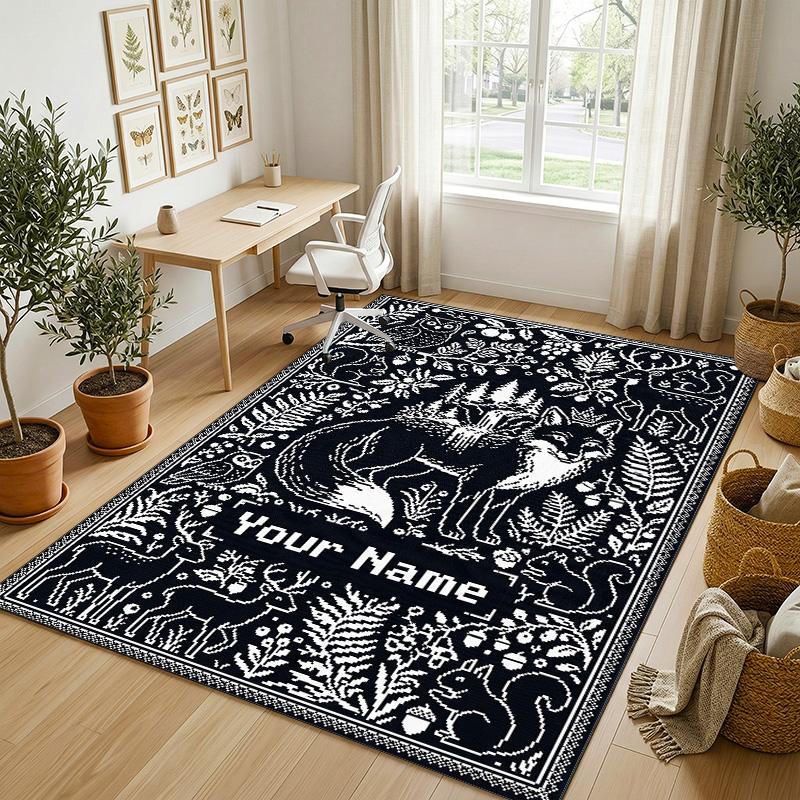 Forest Creatures Theme Soft Crystal Velvet Rug Custom Name & Text Print Non Slip Floor Rug for Bedroom Living Room